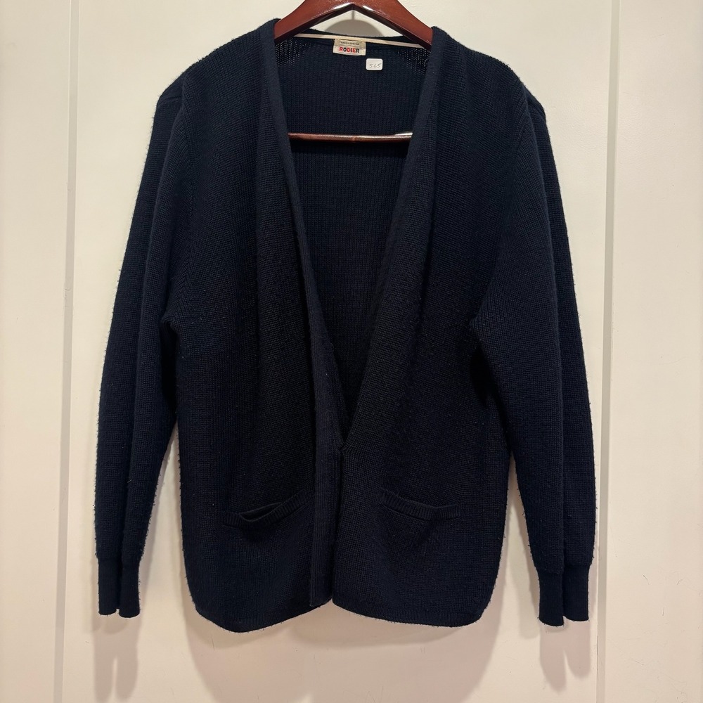 Rodier Paris Vintage Navy Blue Wool Blend Open Front Cardigan Sweater Pocketed
